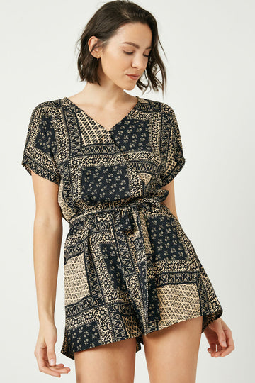 HJ3298 Denim Womens Bandana Print Surplice Dolman Romper Front